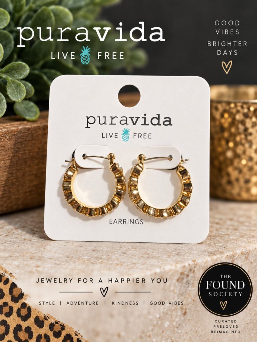 NWT Pura Vida Stone Heart Hoop Earrings Gold